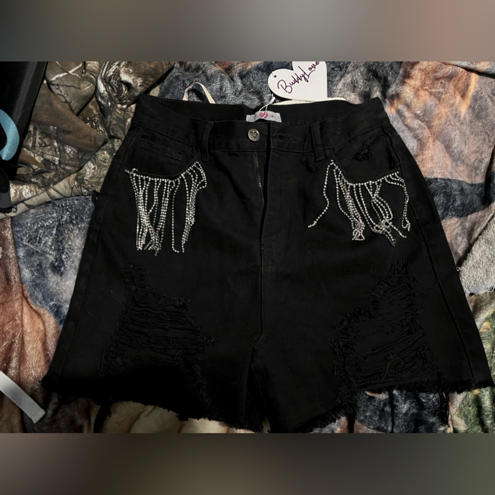 BuddyLove Elvis Crystal Fringe Denim Shorts